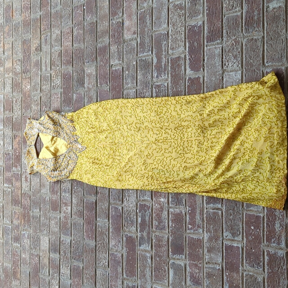 Vintage 1980s Alyce Designs Yellow All Over Glass Beaded Formal Dress - Picture 5 of 8